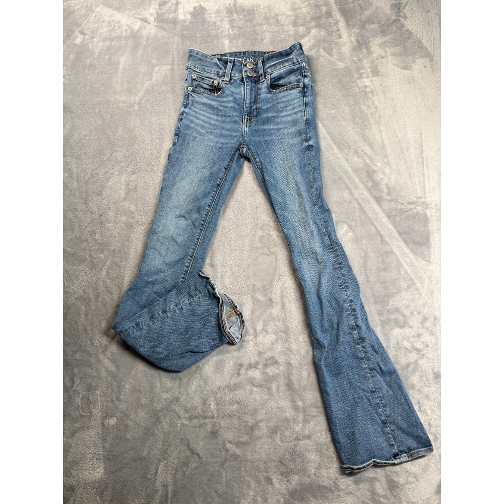 American Eagle Hi-Rise Artist Flare Jeans Womens 00 Blue Denim Stretch 24x28